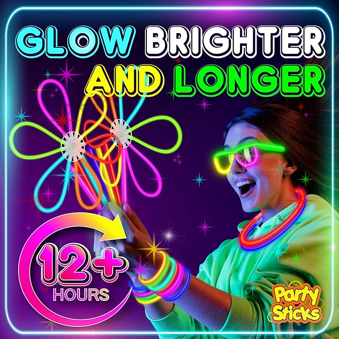 PartySticks Ultra Bright Bulk Party Supplies - Glow in The Dark Glow Sticks with Eye Glasses, Bracelets, and Connectors - Light Up Halloween 4th of July Party Favors