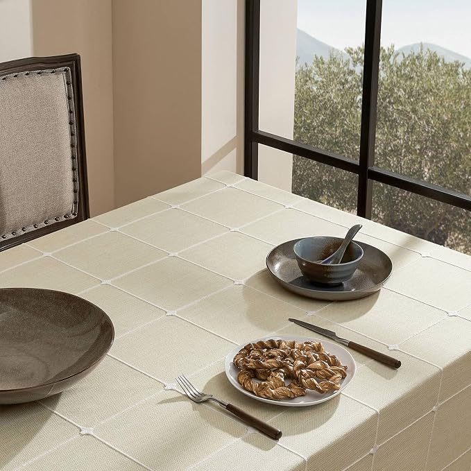 ZeeMart Grid Embroidered Hemmed Tablecloths, Ivory 52x70 Inch, Farmhouse Style Heavy Weight Cotton Linen Ivory Tablecloths, Boho Plaid Water Resistant Rectangle Table Cloth