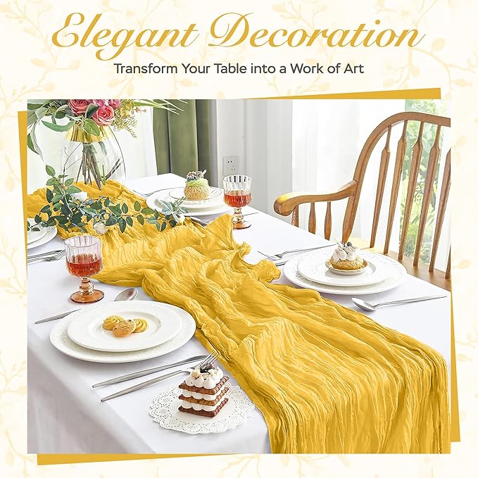 Cheesecloth Table Runner 8 Pack – 35x120 Inch (10ft) Boho Rustic Gauze Cloth Runners – Crinkle Polyester Table Decor for Wedding, Baby Shower, Bridal Shower, Birthday Party and More (Gold Yellow)