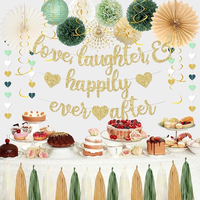 Roetyce Engagement Party Decorations, Green Gold Love Laughter & Happily Ever After Banner for Bridal Shower, Wedding Bachelorette Party Backdrop, Almost Married/Just Engaged Photo Background Decor