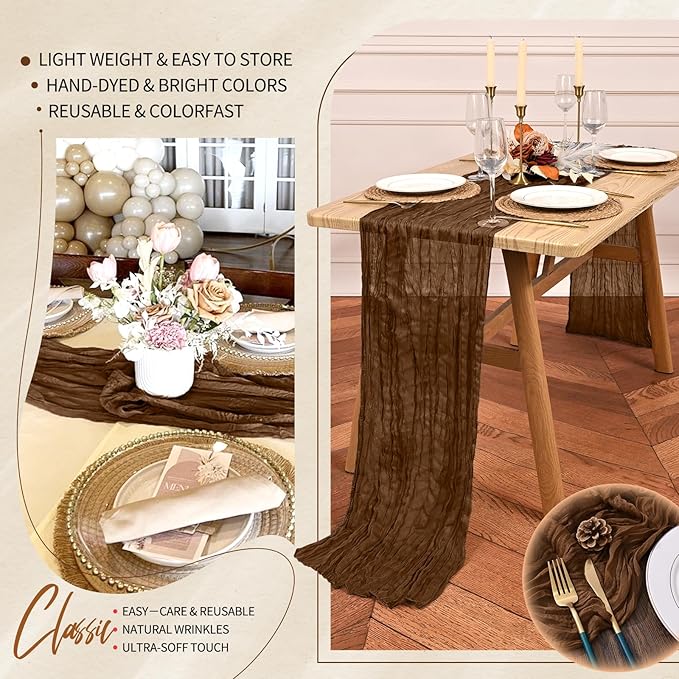 18 Pack Cheesecloth Table Runner 10FT Brown Table Runner Boho Gauze Cheese Cloth Table Runners Long Rustic Sheer Table Decorations for Wedding Party Baby Bridal Shower Birthday Holiday Home
