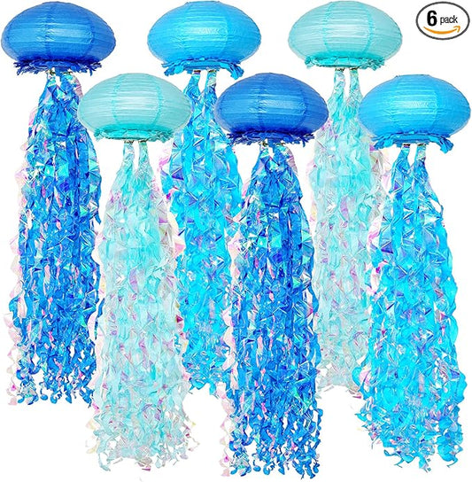 OBXT 10" Blue Jellyfish Paper Lanterns - Under the Sea Birthday & Mermaid Party Decorations, Ocean and Beach Theme Indoor Outdoor Hanging Decor, Baby Shower, Nautical Events (Set of 6)