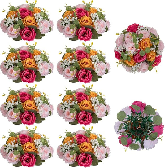NUPTIO Flower Ball Centerpieces for Tables: 10 Pcs Hot Pink & Orange & Pink Artificial Rose Arrangements for Wedding Party - Faux Floral Baby Breath Kissing Balls for Spring Home Event Decor