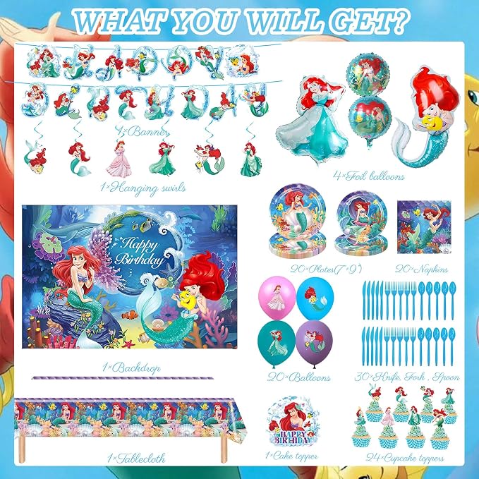 Birthday Party Decorations Set - Underwater Princess Theme (Includes Banner, Foil Balloons, Printed Balloons, Plates, Napkins)