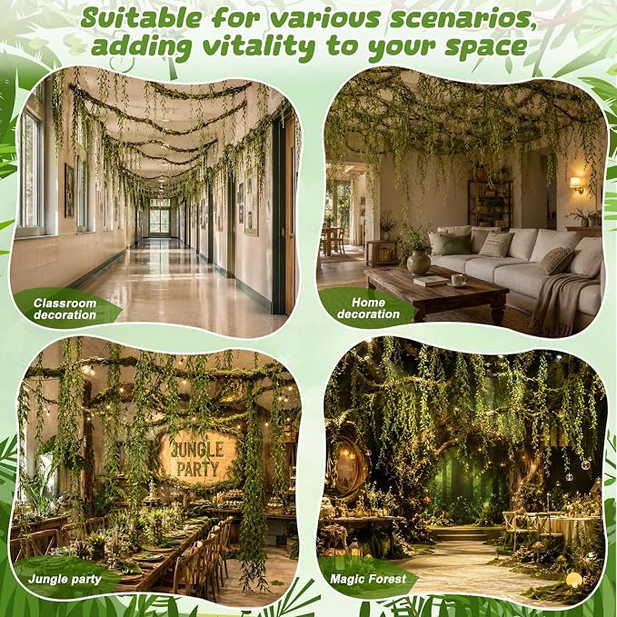Jungle Theme Party Decorations, 20 PCS Tropical Rainforest Hanging Willow Vines Greenery 2 PCS Bendable Artificial Tree Branches for Garden Landscape and Hawaiian Rainforest Supply