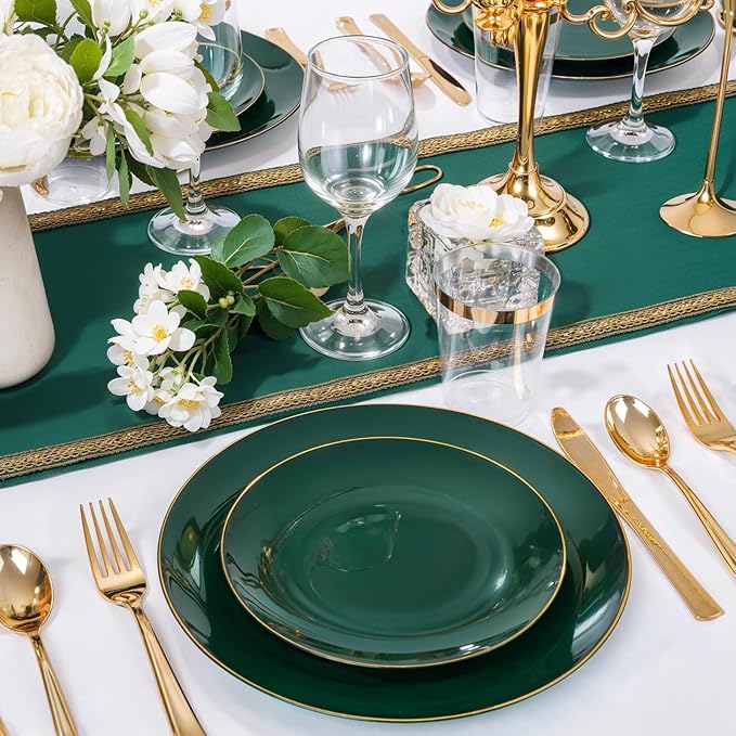 Nervure 100Pcs Green and Gold Plastic Plates - 10.25inch Disposable Green Dinner Plates - Heavy Duty Plastic Plate Ideal for Wedding & Party