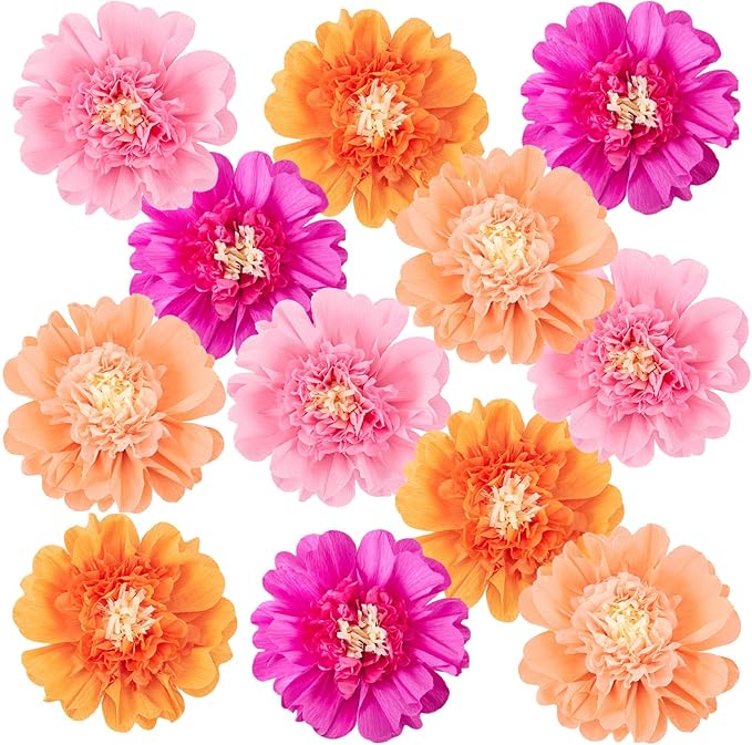 SUNBEAUTY 12PCS Large Paper Flowers 12 Inch Pink Orange Tissue Paper Flowers Pink Orange Giant Crepe Paper Flowers for Girl Women Birthday Wedding Flower Backdrop Wall Spring Garden Party Supplies