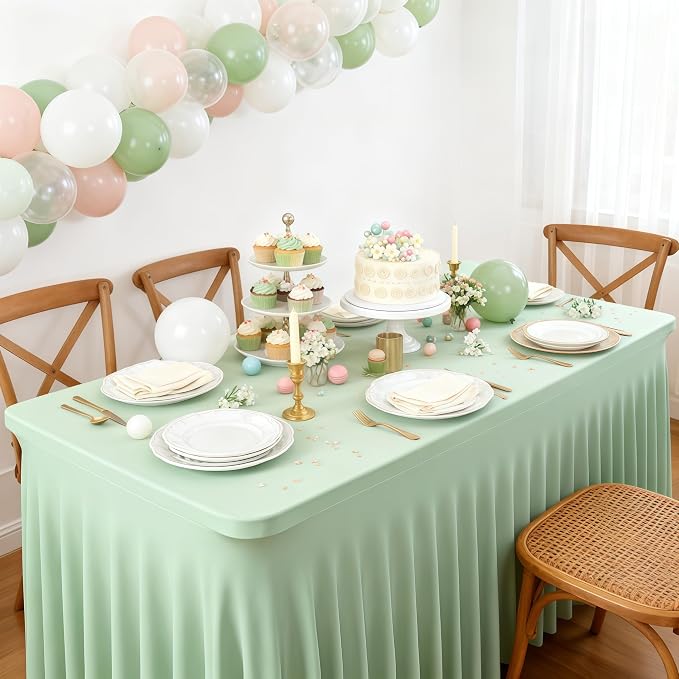 Wish Care 2 Pack Sage Green Spandex Table Clothes for 6 Foot Rectangle Tables, 6FT Wrinkle Free Fitted Tablecloths Ruffles Design Table Cloth for Party, Banquet, Wedding and Events