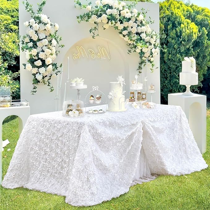 B-COOL White Tablecloth Rectangle 60 x102 Inches for Wedding Party Rosette Table Cloth Party Table Decor Satin Floral Fabric for Baby Shower Home Decorations