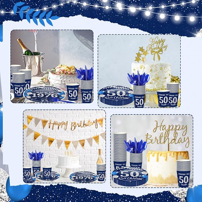 240 Pcs 50th Birthday Decorations 1976 Birthday Party Tableware Include Plates Napkins 9oz Cups Cutlery 50th Anniversary Party Supplies for Men Women Him Her, Serve 30 Guests (Blue Silver)