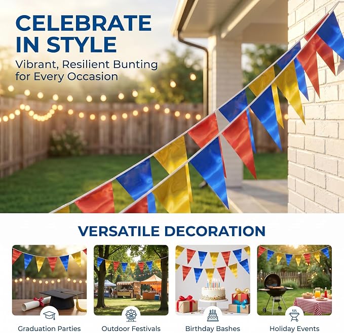 40M/130FT Gold Blue Red Triangle Pennant Banner Flag Metallic Fabric Bunting Garland for Christmas Graduation, Independence Day, 4th of July, Patriotic Themed Party Decoration