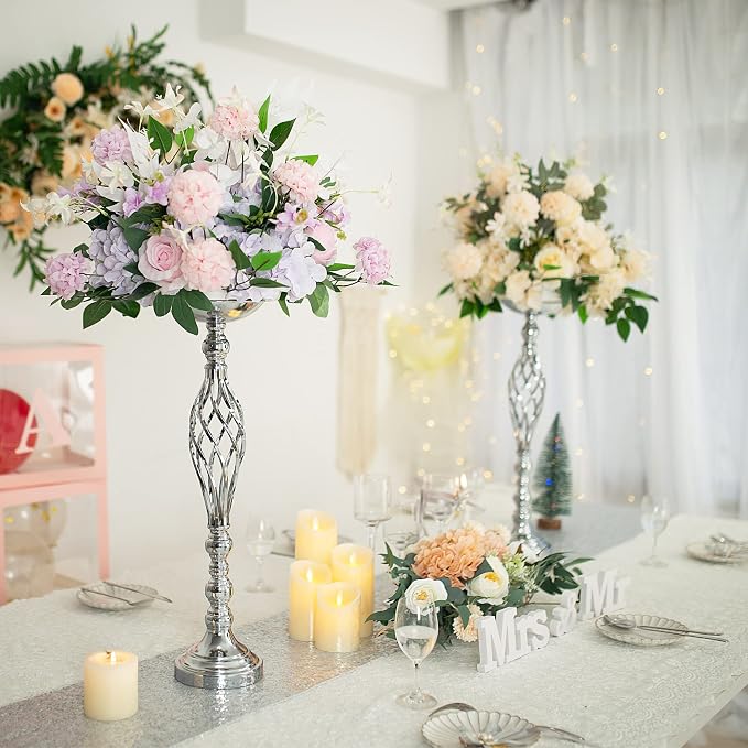 Silver Wedding Vases for Table Centerpieces - Set of 10 Twist Candleholder Stands, Elegant Floral Arrangement Vases, Metal Centerpieces for Reception Table Wedding Road-Leading Home Decor