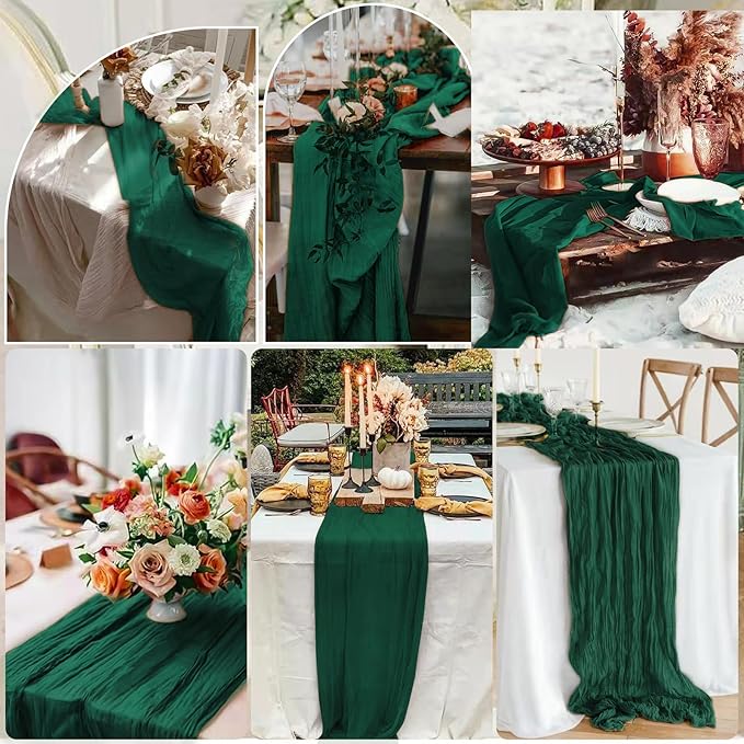 10 Pcs Dark Green Cheesecloth Table Runner 10FT, Gauze Table Runner for Wedding Reception Sheer Bridal Shower Birthday Party Boho Table Decoration, Rustic Romantic Wedding Runner
