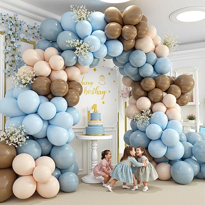 412Pcs Dusty Blue and Brown Balloon Arch Kit, 5 10 12 18inch Bear Baby Shower Decorations with Brown Sand White Dusty Blue Balloons for Baby Shower Decorations Gender Reveal Birthday Party Decoration