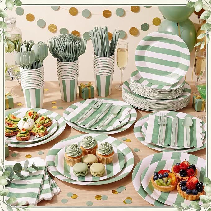 Mimorou 350 Pcs Sage Green Striped Paper Plates and Napkins for 50 Guests, Green White Striped Disposable Tableware Set Sage Plates Cup Napkins Spoon Fork Knife for Baby Shower Birthday Party Supplies