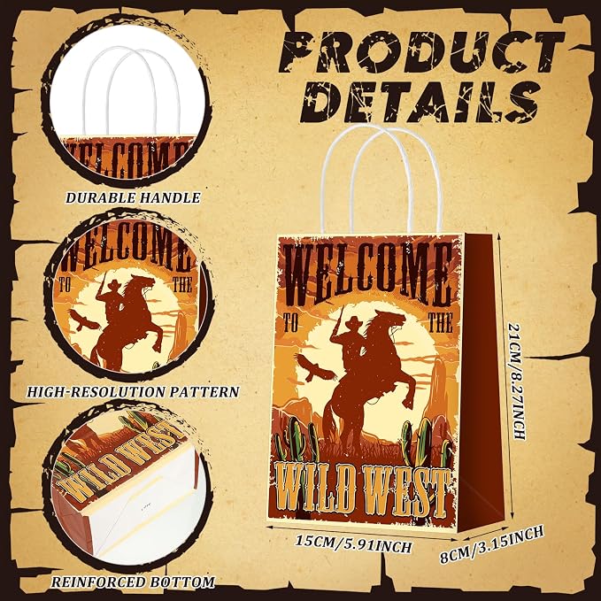 Outus 48 Pcs Cowboy Party Favor Bags Western Paper Gift Goodie Candy Treat Bags Bulk with Handle Wild West Rodeo Bag Gift Treat Wild West Pouch‌ for Cowgirl Birthday Party Supplies Favors