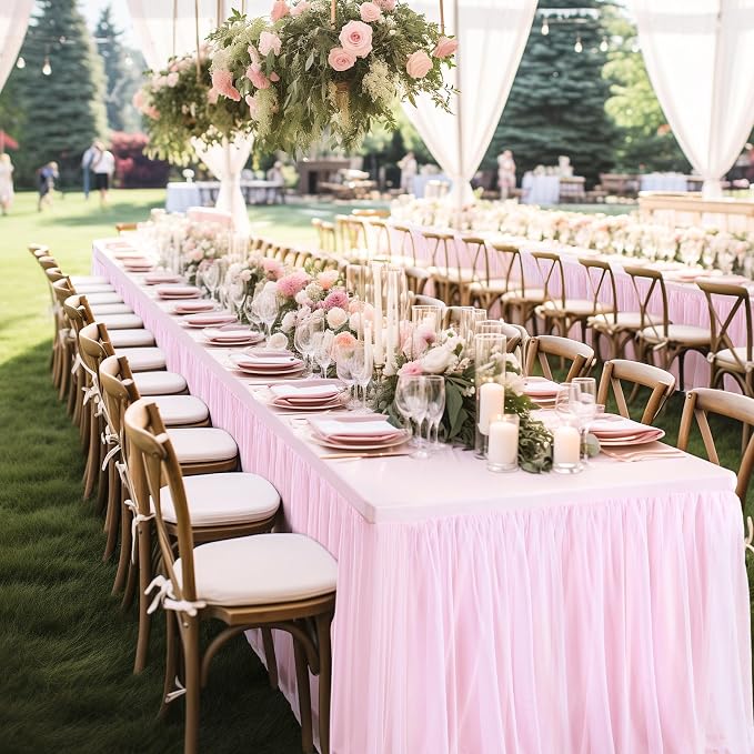 2-in-1 Pink Tablecloths for 8 Foot Rectangle Tables with Tulle Table Skirt Wedding Table Cover Stretchy Fitted Ruffle Tutu Tablecloth for Baby Shower Reception Birthday Parties Celebration Banquet