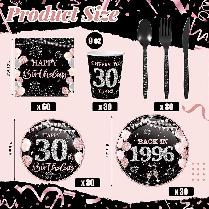 240 Pcs 30th Birthday Decorations 1996 Birthday Party Tableware Include Plates Napkins 9oz Cups Cutlery 30th Anniversary Party Supplies for Men Women Him Her, Serve 30 Guests (Black Pink)