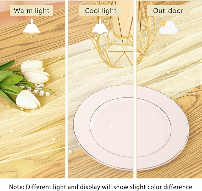 Fivenl 12 Pack 10FT Pearl Table Runner 30x120 Inch Beige Tulle Fabric Boho Rustic Sheer Table Runners Lace Table Cloth for Wedding Bridal Shower Birthday Party Arch Veil Dessert Table Decor (Beige)