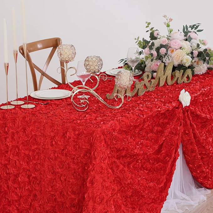 Red Rosette Tablecloth Rectangle Elegant Table Cover 90x132Inches Rosette Florals Satin Line for Wedding Party Table Decor