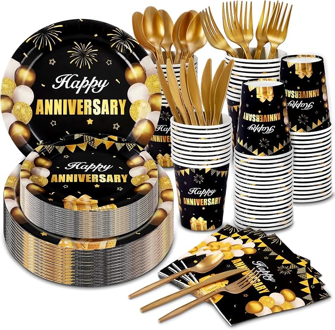 168Pcs Black and Gold Party Supplies Tableware Set Happy Anniversary Plates, Knife,Forks,Spoons, Cups and Napkins Table Decorations for Anniversary Wedding Birthday Party Decorations, 24 Guests
