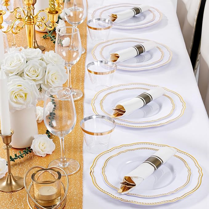 Hioasis 175pcs White and Gold Plastic Plates - Gold Plastic Dinnerware Set Includes 25 Dinner Plates, 25 Dessert Dinnerware, 25 Cups, 25 Rolled Napkin Cutlery Perfect for Wedding & Party