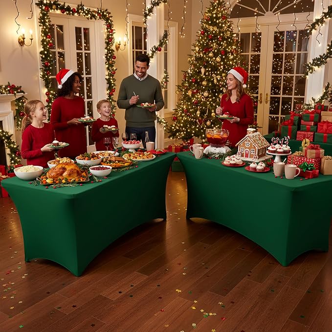 Spandex Table Cloths for 8 Foot Rectangle Tables-6 Pack Hunter Green Fitted Stretch Table Covers-Elastic Christmas Tablecloths for Party, Vendor Booth, Banquet Buffet Event, Craft Trade Show