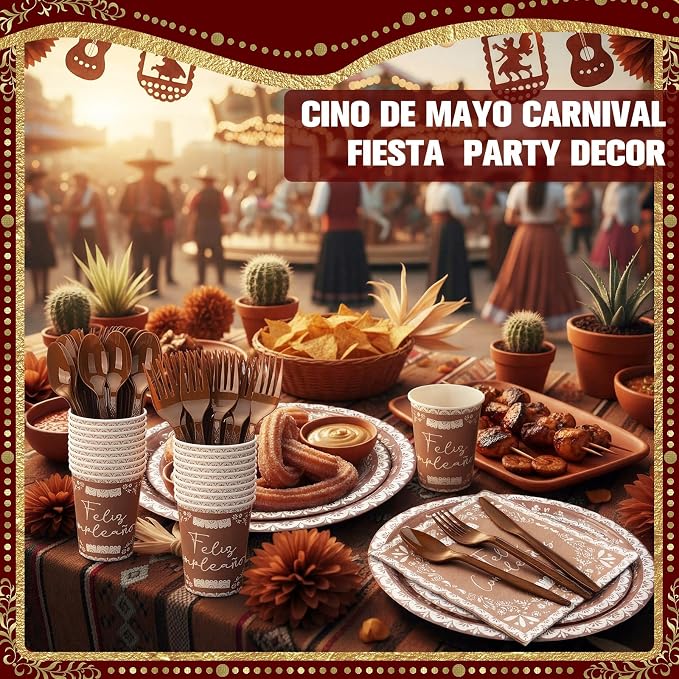 168 Pcs Mexican Birthday Tableware Set for 24 Cielito Lindo Birthday Party Plates and Napkins Brown Talavera Floral Party Supplies Papel Picado Paper Plates Cinco De Mayo Supplies
