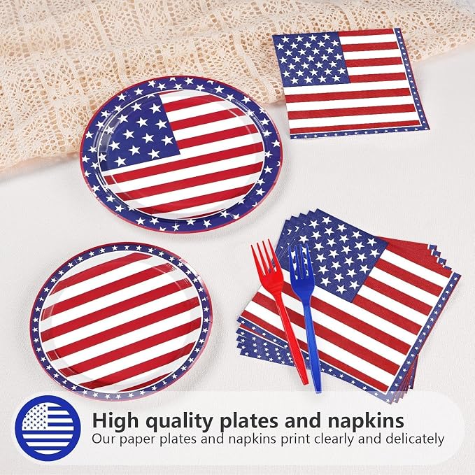 96Pcs 4th of July Patriotic Party Supplies Patriotic Paper Plates and Napkins US American Flag Disposable Tableware for 4th of July 250th Anniversary Memorial Day Party Decorations Serve 24