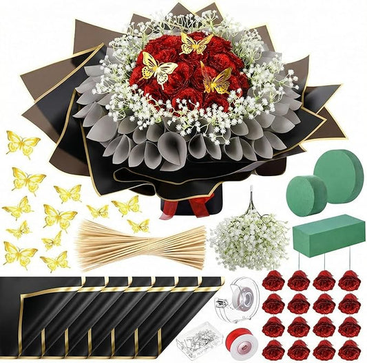 Marspark Graduation Money Bouquet Flower Kit Gift Included 20 Sheet Flower Wrapping Paper 36 Fake Flowers 100 Bamboo Skewer Floral Foam Block for Mother's Day Anniversary Wedding(Red,Glitter)