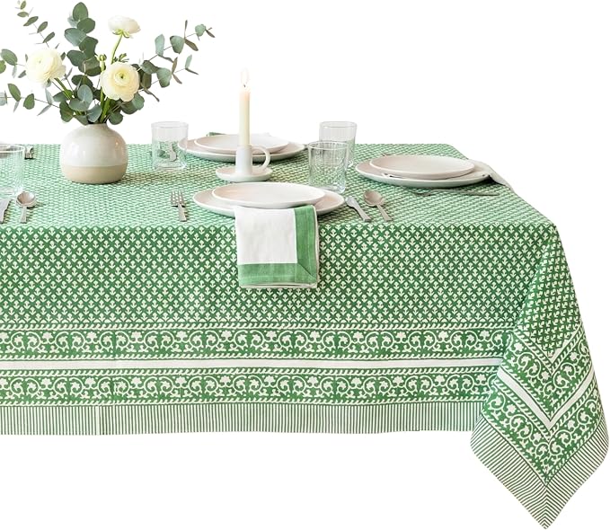 ATOSII Queen Green 100% Cotton Tablecloth, Handblock Print Square Table Cover for Kitchen Dining I Tabletop Linen I Parties, Thanksgiving, Christmas, Wedding, Fall Table Cloth 60 X 60 Inches
