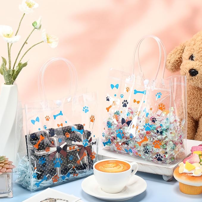 Supervitae 36 Pcs Dog Paw Clear Favor Bags with Handle Reusable Plastic PVC Gift Bag Animal Goodies Treats Wrap Totes for Christmas Birthday Party Supplies, 8 x 8 x 3.15 Inch