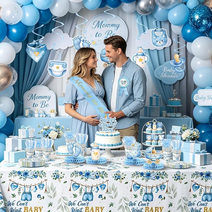 Blue Baby Boy Shower Decorations - Plates, Napkins, Cups, Cutlery, Honeycomb Centerpieces, Banner, Hanging Swirls, Tablecloths, Toppers, Sash, Balloons for Jean Boy Baby Shower Decorations, Serves 20