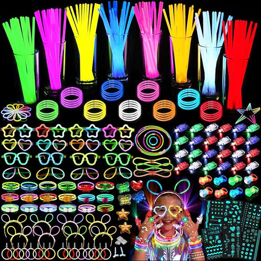394 Pcs Glow in the Dark Party Supplies for 16 Kids Adults, Light Up Party Favors, 150 Ultra Bright Glow Sticks Bulk Party Pack with Set of 16 Glow Glasses,Earring, Headband,Bracelets, Necklaces