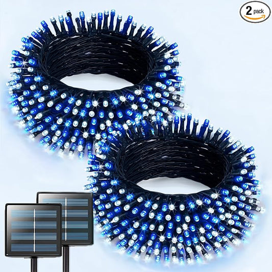 JMEXSUSS 2 Pack Solar String Lights Outdoor Waterproof, Total 400 LED 151FT Solar Christmas Lights Outdoor, 8 Modes Christmas Light for Outside Patio Yard Tree Decorations, White and Blue
