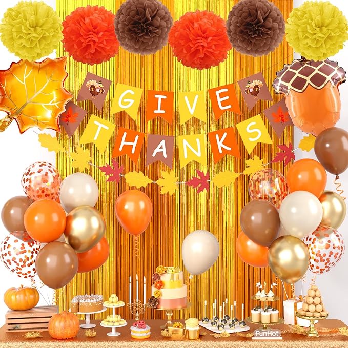 Fall Thanksgiving Party Decorations Set, Includes Give Thanks Banner,Fringe Curtain,Paper Flowers,Autumn Maple Leaves Garland and Foil Balloon for Indoor Home Party Office Classroom Fall Decor