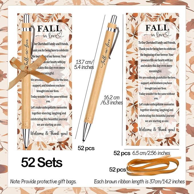 52 Packs Wedding Thank You Gifts for Guests Fall in Love Bamboo Pens Sets with Thank You Tags Autumn Wedding Give Away Bridal Shower Favors Bulk for Women