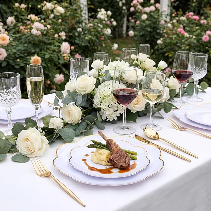 supernal 60pcs White Scalloped Plastic Plates with Gold Trim,Heavy Duty Elegant Disposable Plates Includes: 30 Gold Dinner Plate and Dessert Plate Perfect for Wedding, Bridal Shower Mother's Day