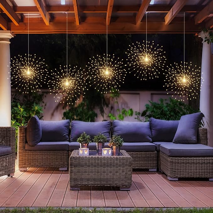 PXBNIUYA 2 Pack Starburst Sphere Lights,200 LLED Firework Lights, 8 Modes Dimmable Remote Control Waterproof Hanging Fairy Light, Copper Wire Light for Patio Parties Christmas (Battery Operated)
