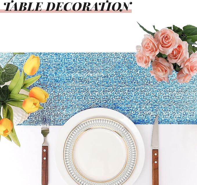 Sugargirl 10 Packs 12 x 72 inches Sequin Table Runner, Glitter Blue Table Runner for Birthday Party Supplies Wedding Holiday Celebration Event Decorations