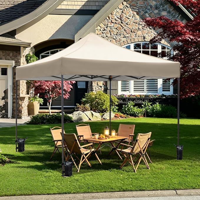 10x10 Heavy Duty Canopy Pop Up Commercial Canopy Tent, Vendor Tent with 400D Oxford Fabric for Camping Outdoor Events Parties Weddings, UPF 50+ Waterproof (Khaki)