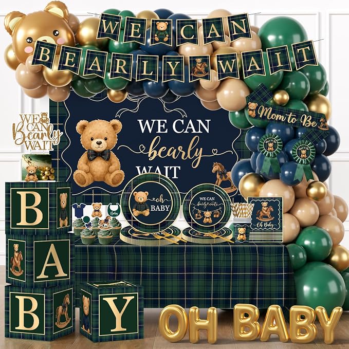 Bear Baby Shower Decorations,Tartan Plaids Bear Baby Shower Decoration Luxury Equestrian Vintage Bear Baby Shower Plates and Napkins,Balloons,Boxes,Caketoppers,Mom to Be Sash,Backdrop for Baby Shower
