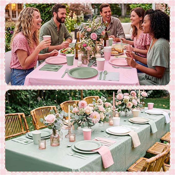 Mimorou 177 Pcs Sage Green and Pink Plates and Napkins Set Serves 25 Guests Gradient Green and Pink Tablecloth Plates Cup and Napkins Tableware for Birthday Wedding Bridal Baby Shower Party Supplies