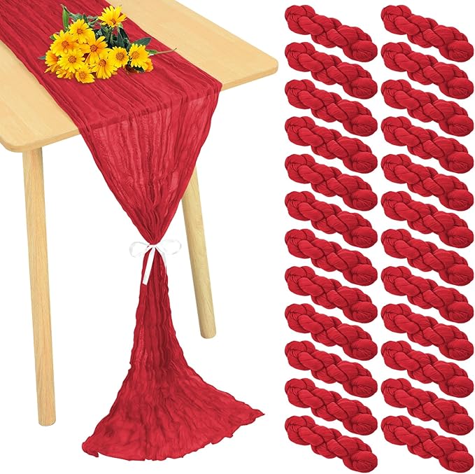 24 Pack Cheesecloth Table Runner 20 x 120 inch Cheese Cloth Table Runner Bulk,Romantic Boho Sheer Gauze Fabric Table Runners for Wedding Reception,Party,Bridal Shower Table Decor(Red)