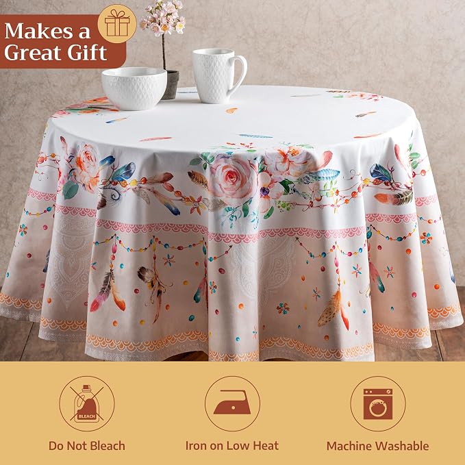 Maison d' Hermine Table Cloth Round Table 100% Cotton 69 Round Inches Tablecloth Reusable Decorative for Dining Kitchen Room Farmhouse Party Home Hotel Restaurant Spring Summer - Ibiza - Beige