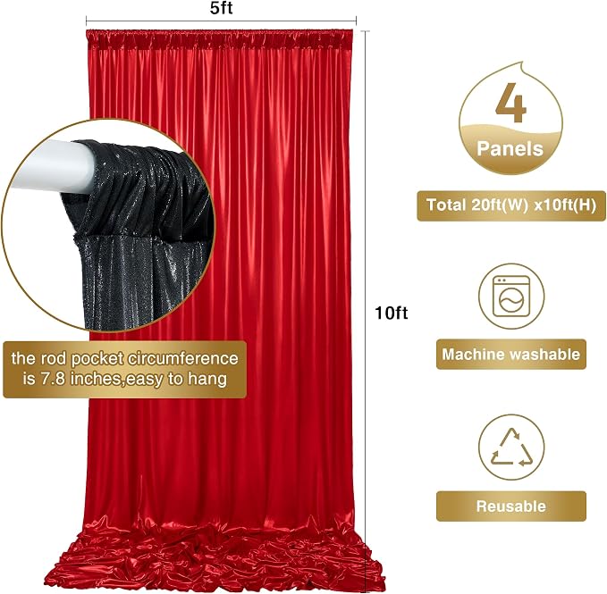 20ftx10ft Black and Red Sequin Backdrop Curtain Panels for Parties, Wrinkle Free Glitter Photo Backdrop Drapes 4 Panels 5x10FT Shimmer Back Drop Cloth for Wedding Birthday Photography Background