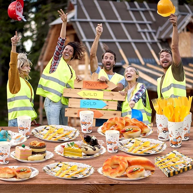Uiifan 350 Pcs Construction Party Supplies Set Include 100 Plates 50 Paper Cups 50 Napkins 150 Plastic Silverware For 50 Guests Birthday Party Decorations Disposable Dinnerware Set (Dark Yellow)