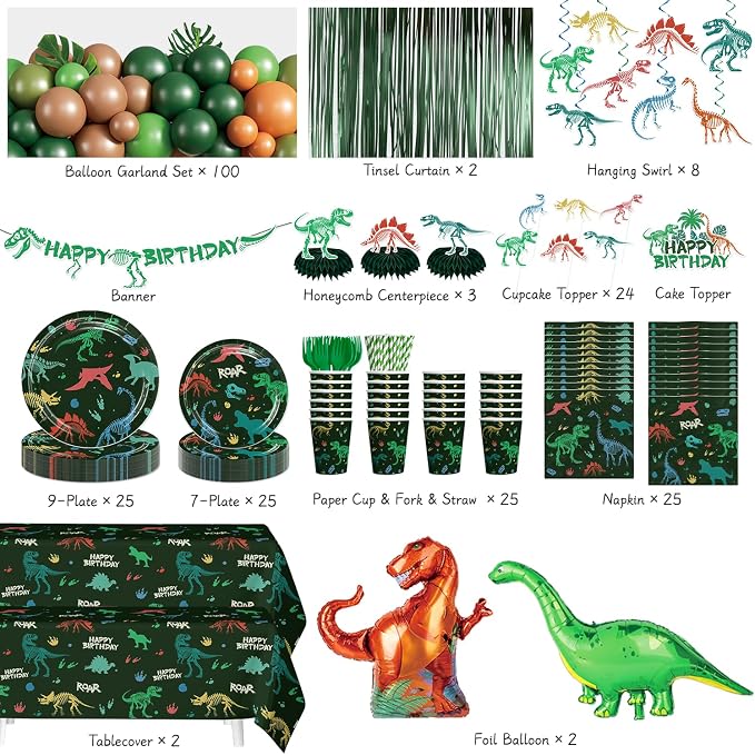 Dinosaur Birthday Decorations for 25 Guests, 293PCS All-in-One Dinosaur Party Decorations Set with Balloons, Plates, Tablecloth, Backdrop & Centerpieces, Easy Setup for Dino Party Supplies