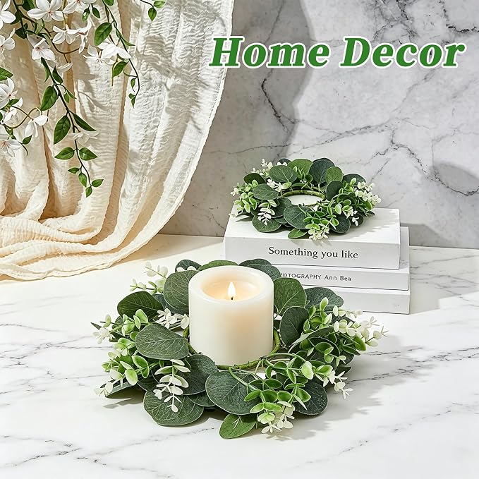 4PCS Eucalyptus Candle Rings Wreaths, Artificial Greenery Faux Kitchen Cabinet Wreath,Spring Wreath with Burlap Ribbon, Pillar Candle Holder Wreath for Porch Wall Window Farmhouse Wall Home Decor
