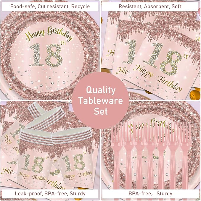 121Pcs 18th Birthday Party Supplies Plates Napkins Cups Forks Tablecloth Rose Gold Happy 18th Birthday Themed Disposable Tableware Decorations Serves 24 Guests for Girls 18 Years